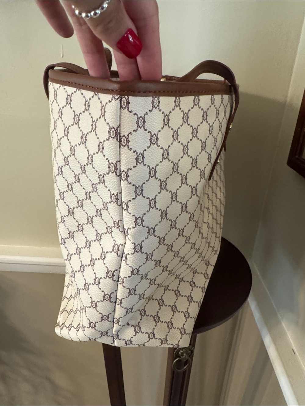 Cream and Brown Patterned Tote Bag with Brown Trim - Picture 3 of 4